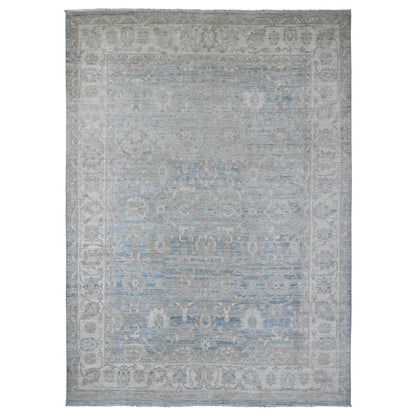 8'8"X12' Blue White Wash Peshawar Leaf Design Hand Knotted Pure Wool Rug