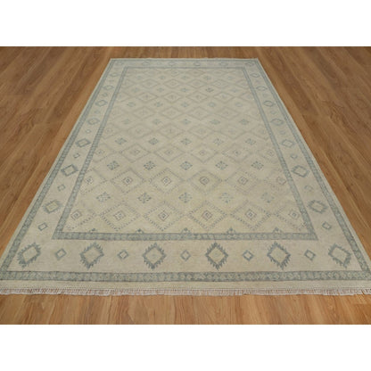 9'X12' Ivory Zero Pile Box Design Tribal With Motifhand Knotted Wool Rug