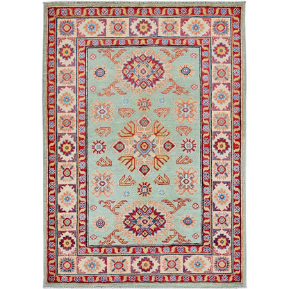 3'5"X5' Honeydew Green Kazak With Tribal Design Soft Wool Hand Knotted Rug