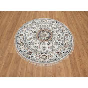 5'X5' Ivory Nain With Flower Design Hand Knotted Wool And Silk Round Rug