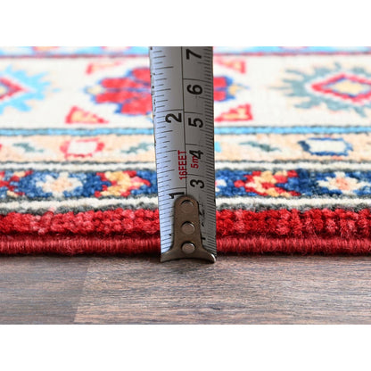 3'5"X5' Berry Red Kazak With Geometric Pattern Hand Knotted Pure Wool Rug