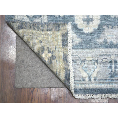 3'X11'7" Gray Angora Oushak Leaf Design Hand Knotted Wool Runner Rug