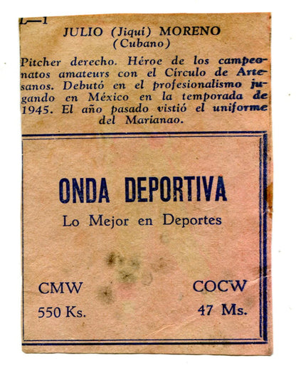 Julio Moreno Havana Cuba Baseball Card