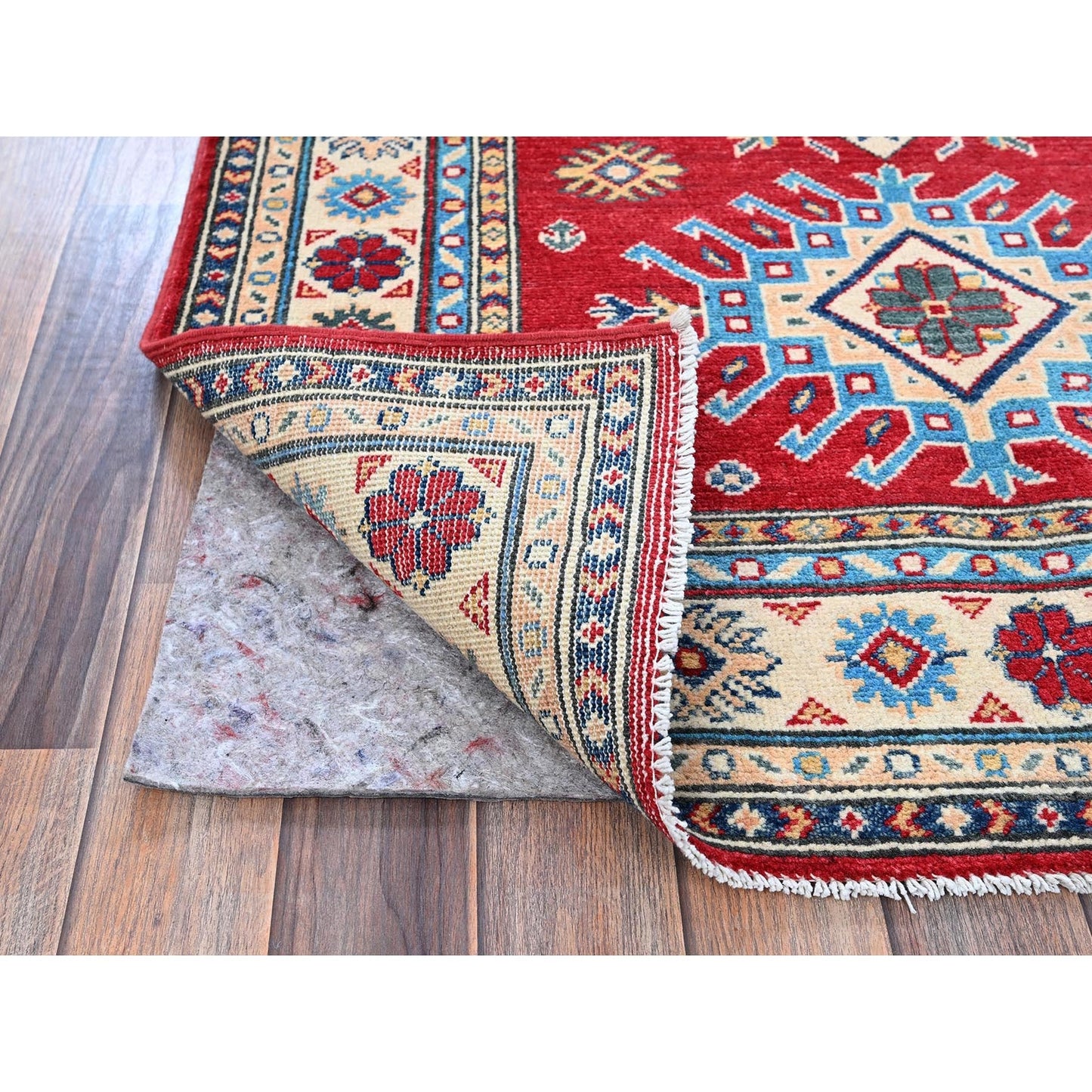 3'5"X5' Berry Red Kazak With Geometric Pattern Hand Knotted Pure Wool Rug