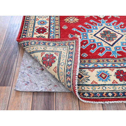 3'5"X5' Berry Red Kazak With Geometric Pattern Hand Knotted Pure Wool Rug