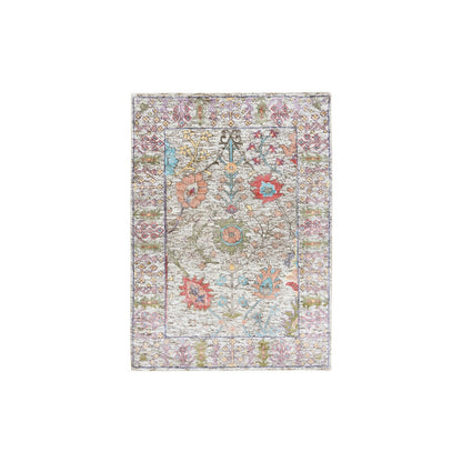 2'2"X3'1" Beige Silk With Textured Wool Hand Knotted Oriental Mat Rug