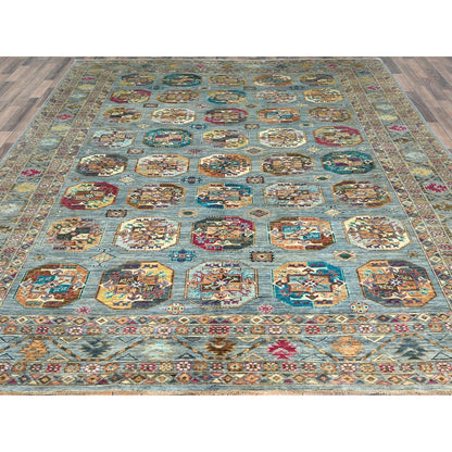 8'8"X11'9" Light Blue Soft Wool Hand Knotted Afghan Super Kazak Rug