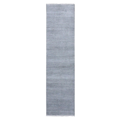 2'6"X10' Gray Hand Knotted Modern Grass Design Wool And Silk Runner Rug