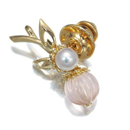 Mikimoto Brooch Rose Quartz Akoya Pearl 5.5Mm Flower 18K 750 Yellow Gold