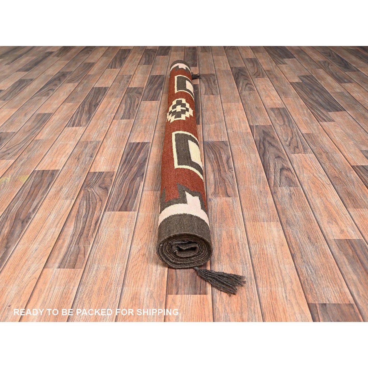 5'2"X7' Brown American Geometric Design Rug Flat Weave Hand Woven Wool