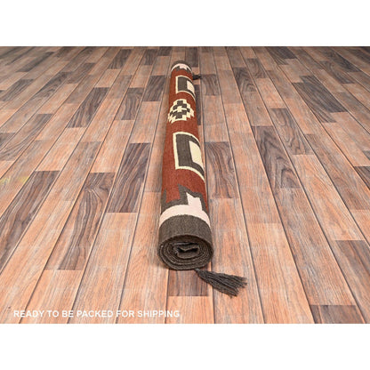 5'2"X7' Brown American Geometric Design Rug Flat Weave Hand Woven Wool