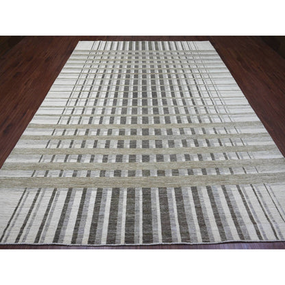 8'8"X11'8" Brown Bauhaus Inspired Line Design Hand Knotted Pure Wool Rug
