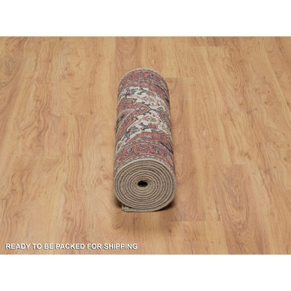 2'8"X14'3" Ivory Antiqued Heris Re-Creation Hand Knotted Wool Runner Rug