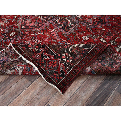 8'X9'2" Red Vintage Zoroastrian Heris Pure Wool Hand Knotted Worn Down Rug