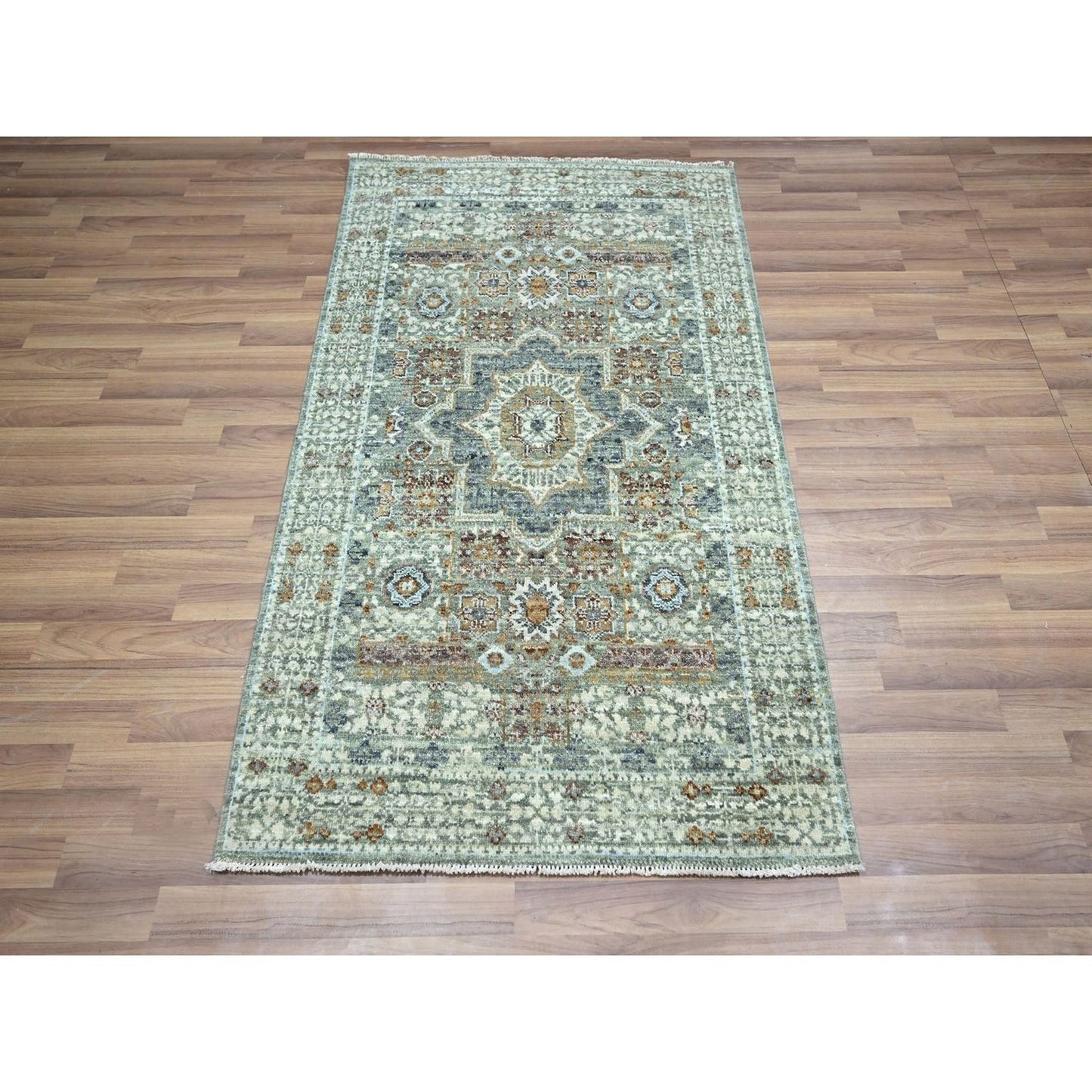 3'1"X5' Mint Green Hand Knotted Rug Pure Wool Pre Historic Mamluk Design