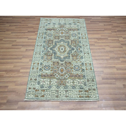 3'1"X5' Mint Green Hand Knotted Rug Pure Wool Pre Historic Mamluk Design