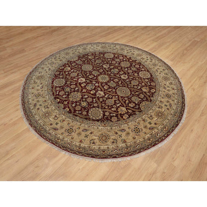 8'1"X8'1" Wine Red Hereke Design Wool And Silk Hand Knotted Round Rug