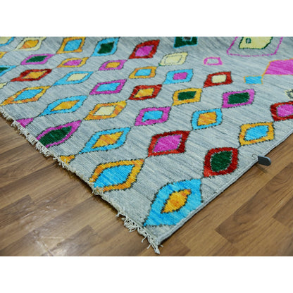 10'2"X14' Gray Colorful Moroccan Inspired Design Hand Knotted Wool Rug