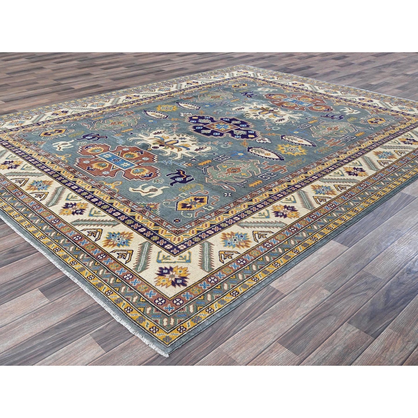 8'X10' Misty Gray Kazak With Medallions Design Hand Knotted Soft Wool Rug