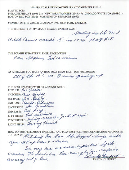 Randy Gumpert Autographed Hand Filled Out Survey