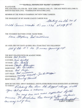 Randy Gumpert Autographed Hand Filled Out Survey