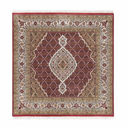 5'X5' Red Hand Knotted Tebraz Mahi Fish Design Wool-Silk Square Rug