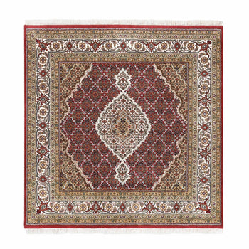 5'X5' Red Hand Knotted Tebraz Mahi Fish Design Wool-Silk Square Rug
