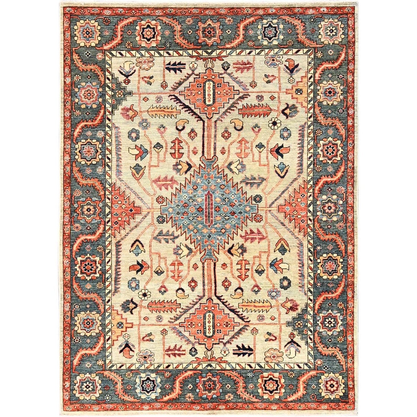 5'X7' Light Green Heris All Over Design Aryana Grade Hand Knotted Wool Rug