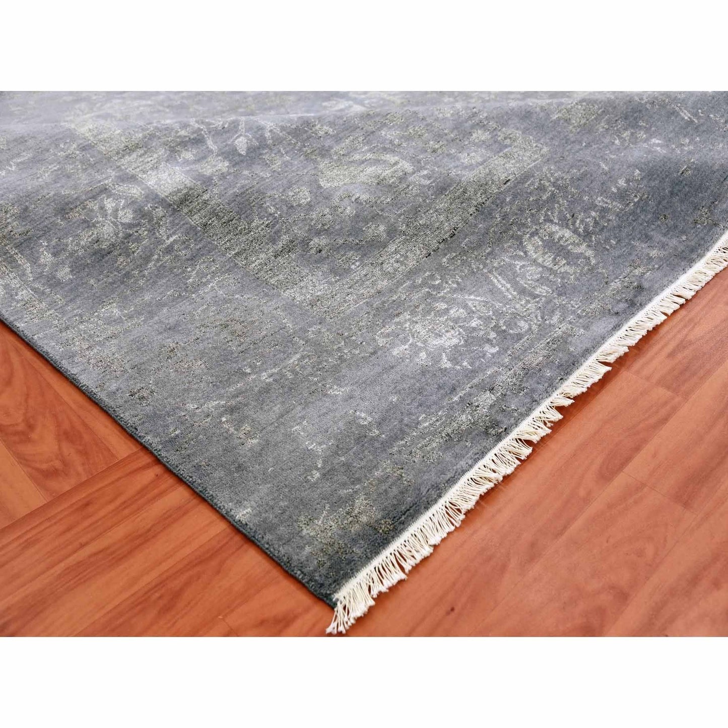 8'10"X11'8" Davy'S Gray Hand Knotted Zoroastrian Tebraz Wool And Silk Rug