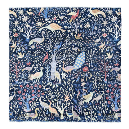 8'X8' Blue Birds Of Paradise Peshawar Hand Knotted Square Oriental Rug