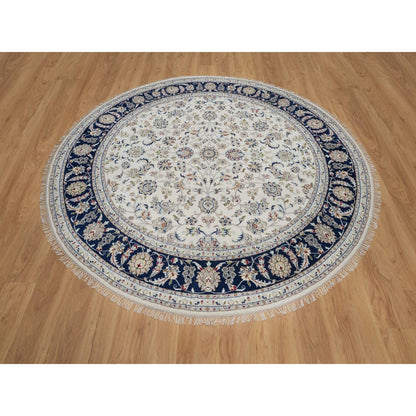 7'9"X7'9" Ivory Wool And Silk Nain Flower Design Hand Knotted Round Rug