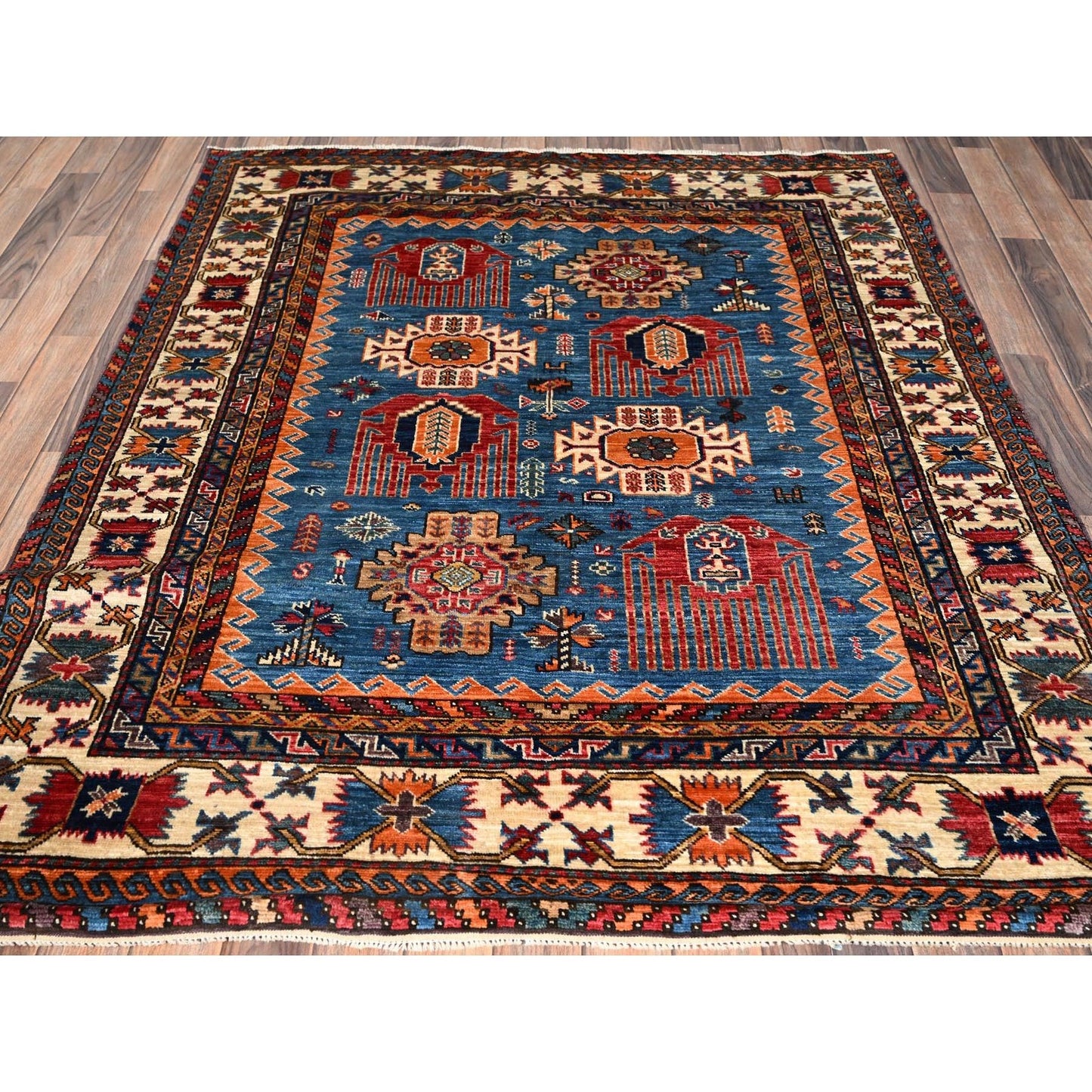 5'2"X6' Blue Afghan Antique Caucasian Design Hand Knotted Wool Squarish Rug