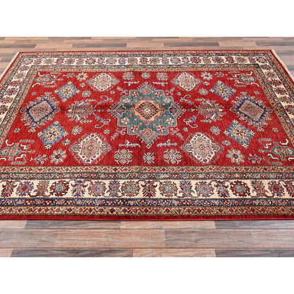 6'2"X8'6" Red Hand Knotted Afghan Super Kazak Medallions Design Wool Rug