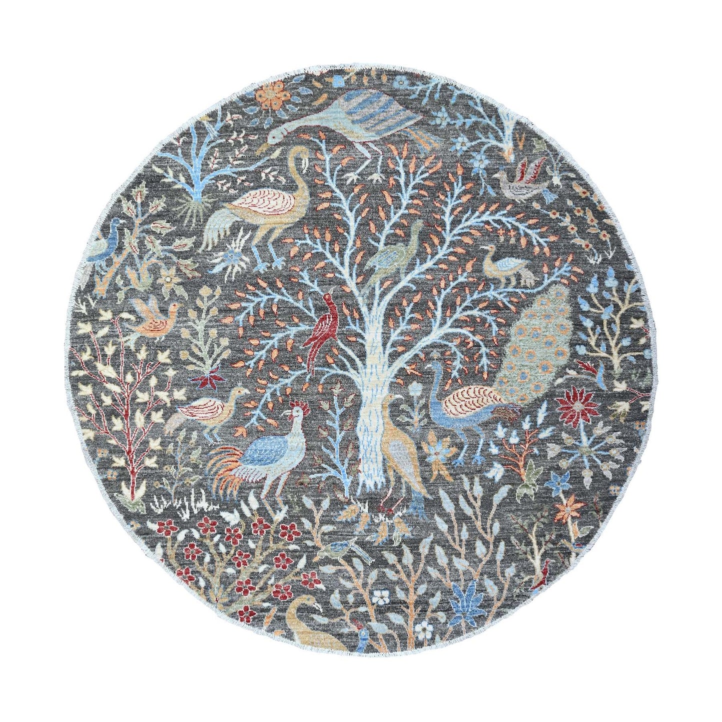 6'1"X6'1" Jet Black Hand Knotted Organic Wool Afghan Peshawar Round Rug