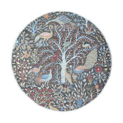 6'1"X6'1" Jet Black Hand Knotted Organic Wool Afghan Peshawar Round Rug