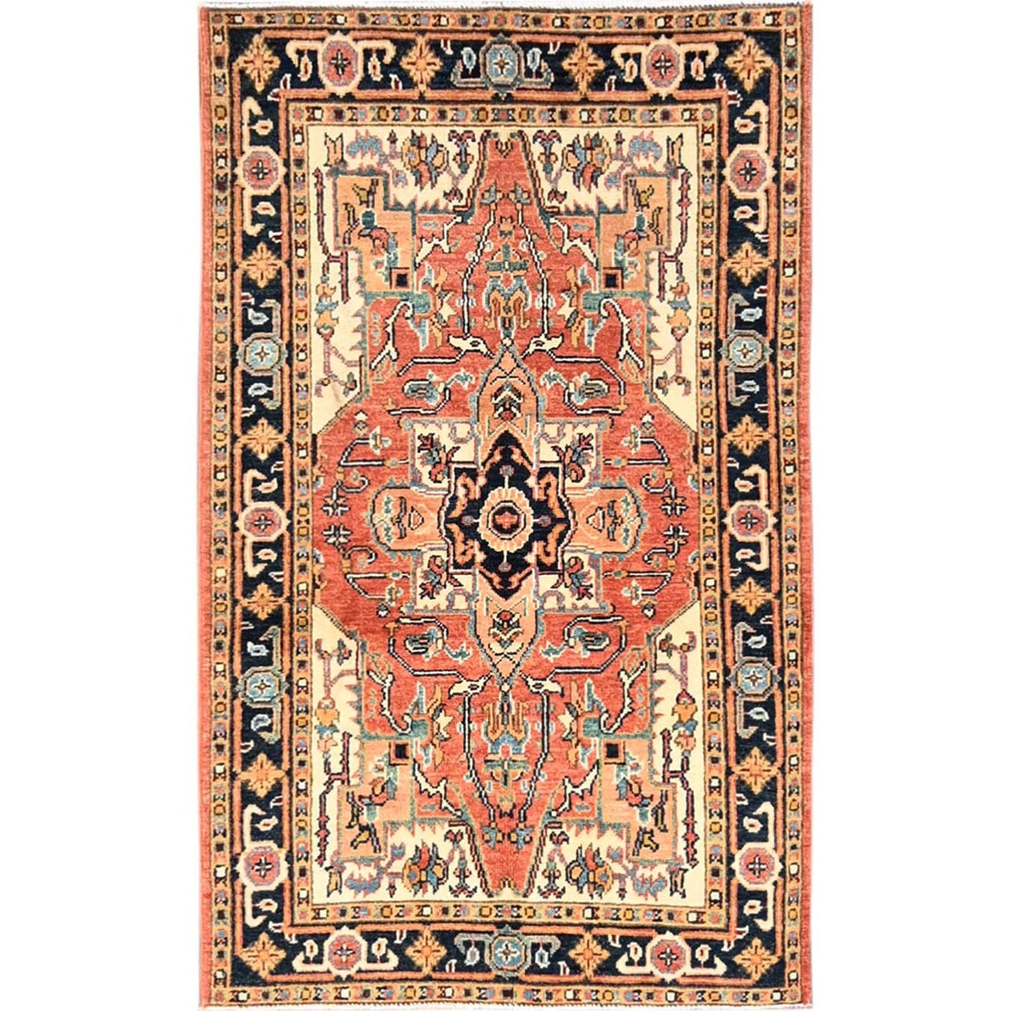 3'X5' Orange Soft Wool Rug Peshawar With Seeripe Heris Design Hand Knotted
