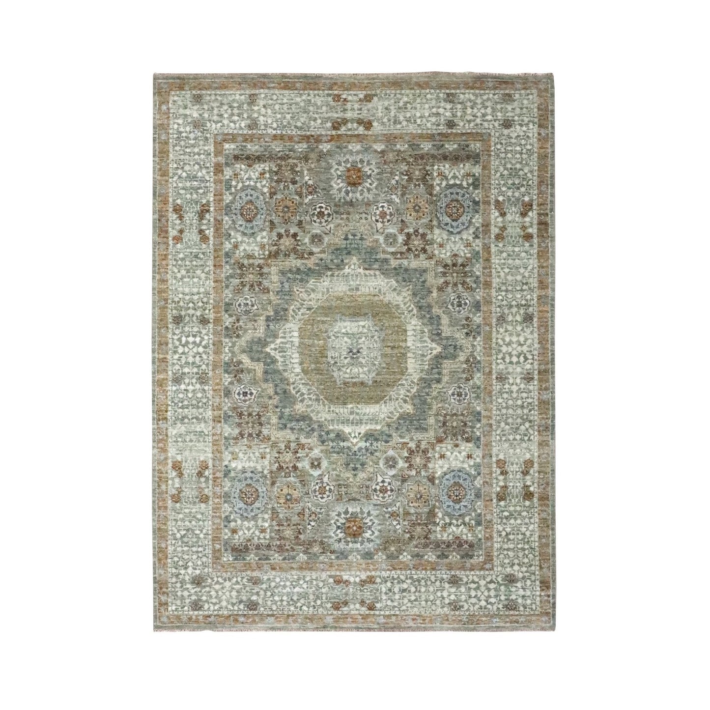 5'2"X7'2" Sage Green Pure Wool Rug Pre Historic Mamluk Design Hand Knotted