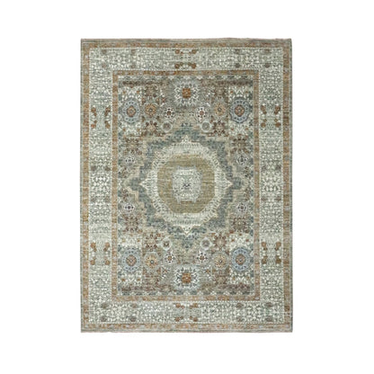 5'2"X7'2" Sage Green Pure Wool Rug Pre Historic Mamluk Design Hand Knotted