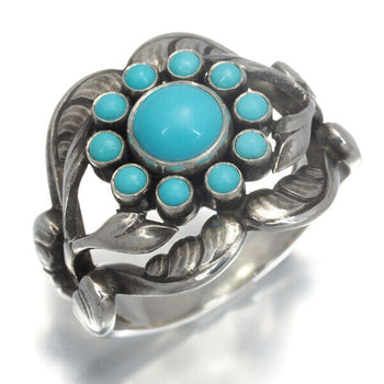Georg Jensen Ring Turquoise 10 Flower Leaf Us8.5-8.75 925 Sterling Silver
