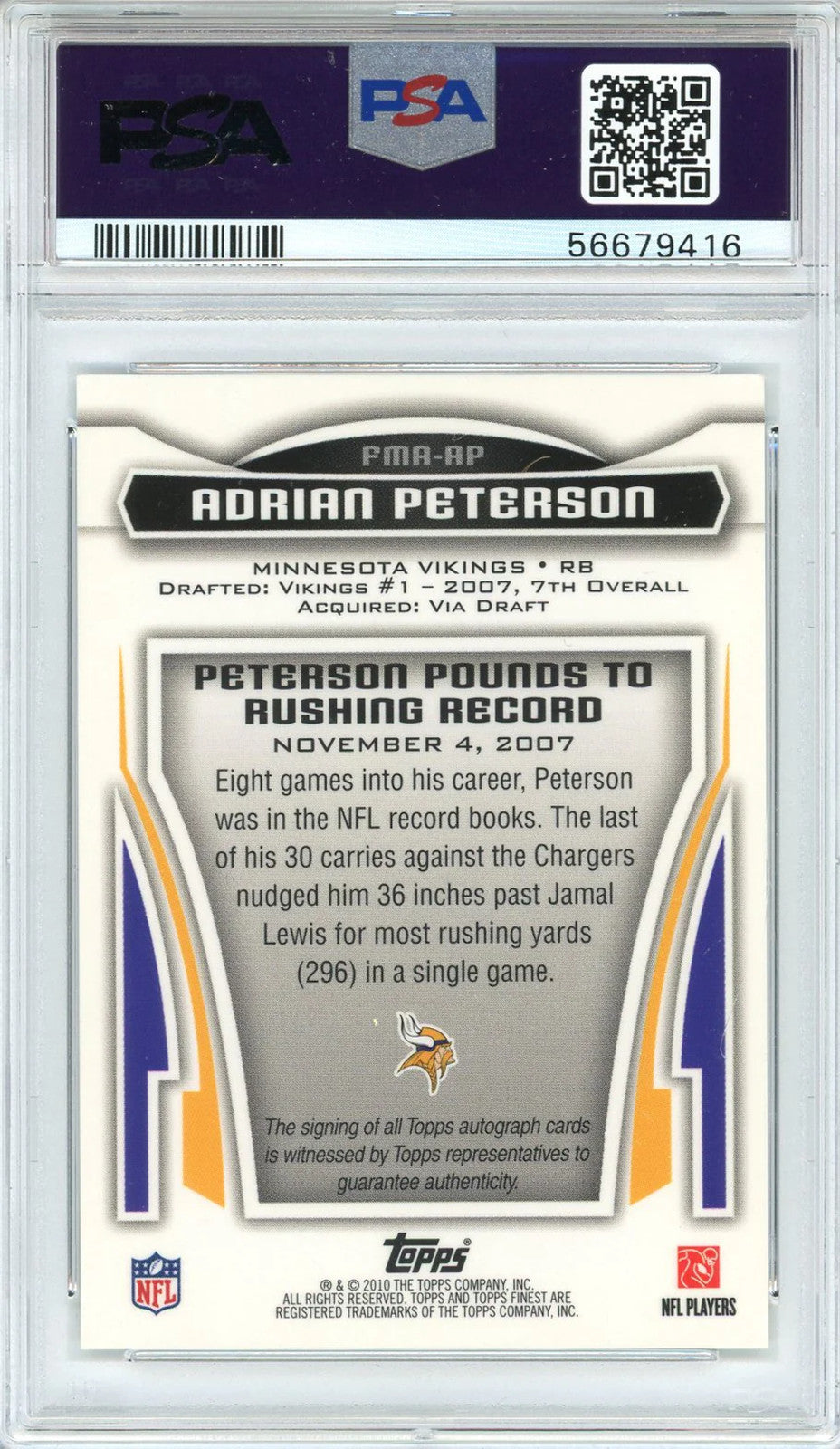 Adrian Peterson Autographed 2010 Topps Finest Moments Card #Fmaap (Psa Mint 9/9)
