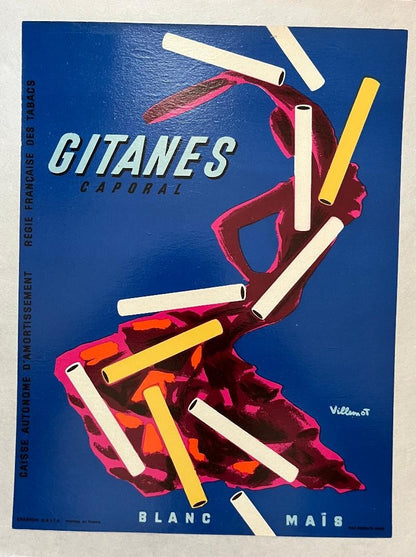 1960S Gitanes Caporal Poster By Bernard Villemot  French Tobacco Ad, Deadstock