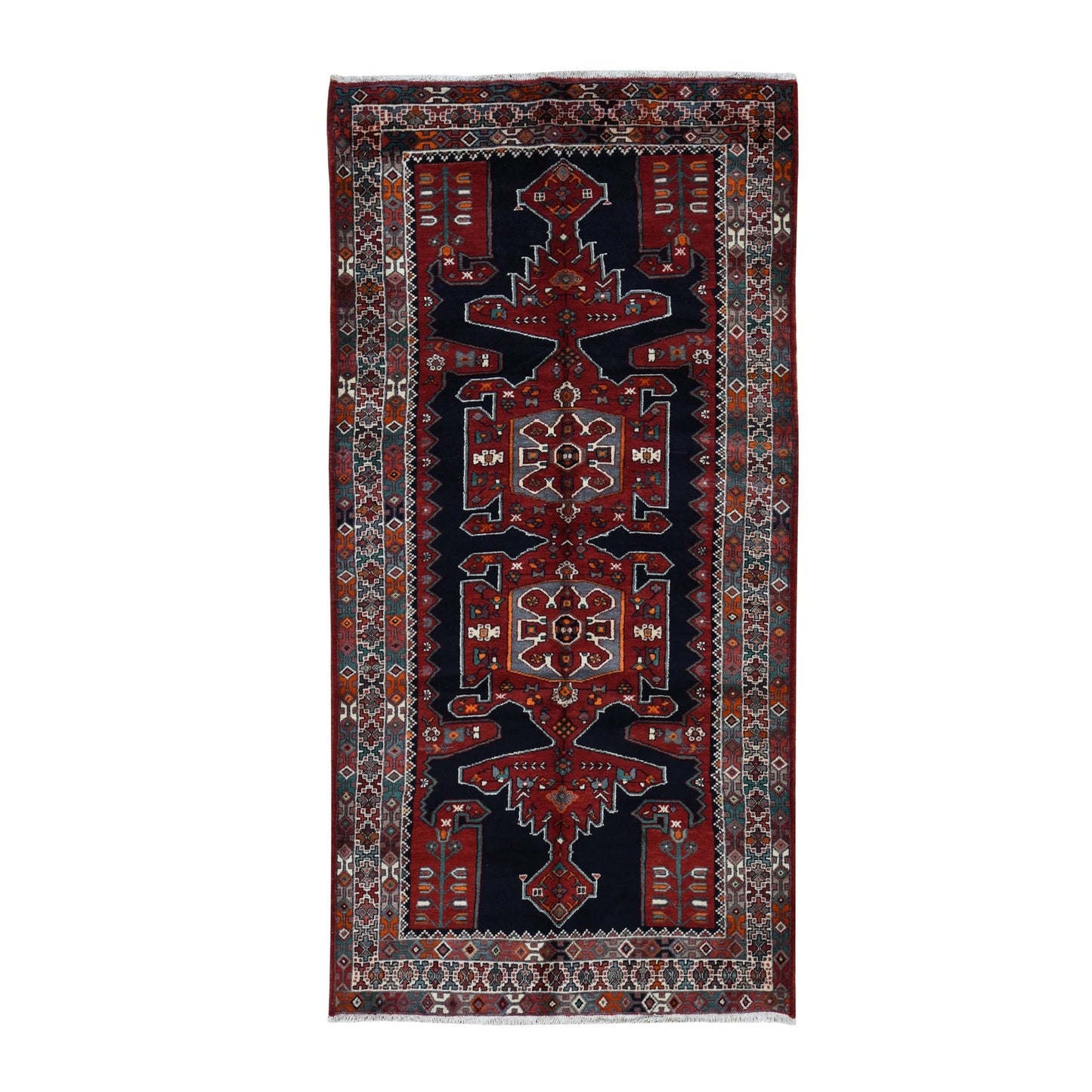 4'8"x9'7" Blue New Zoroastrian Khamadan Wool Hand Knotted Runner Rug