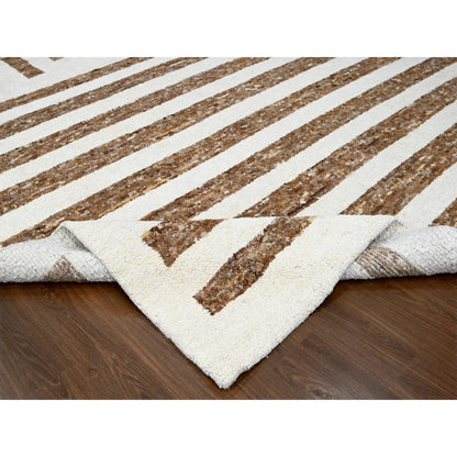 12'1"X17'9" Brown Wool Minimalist Stripe Design Hand Knotted Oriental Rug