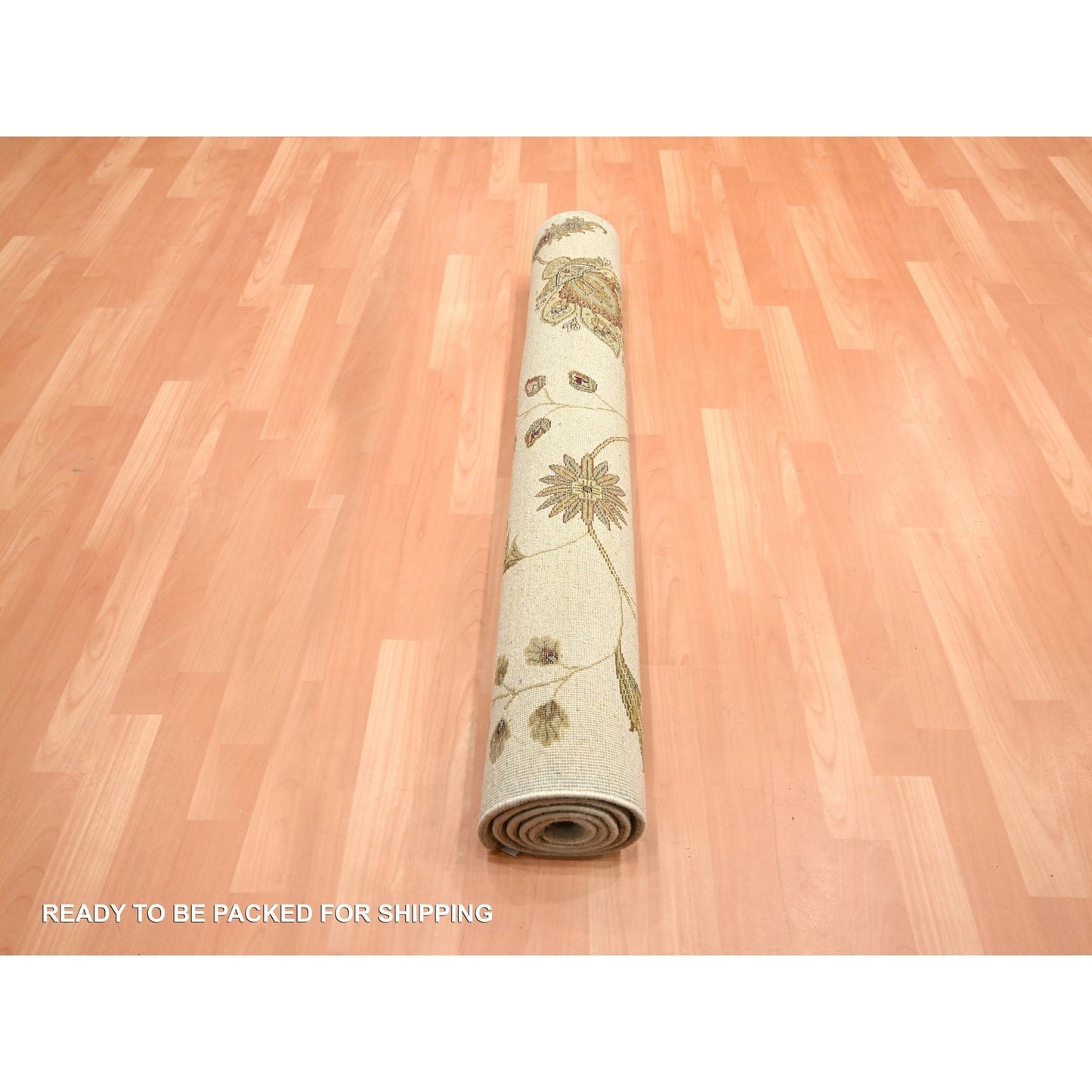 4'x6' Parchment White Botanical Design Wool and Silk Hand Knotted Rug