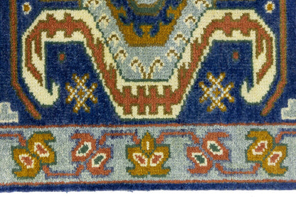 Navy Blue Geometric Tribal Kazak Rug Wool