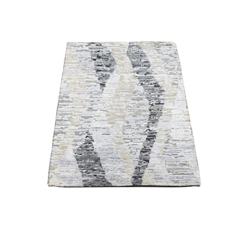 2'X3' Dimensional Curtains Gray Silk With Textured Wool Oriental Rug