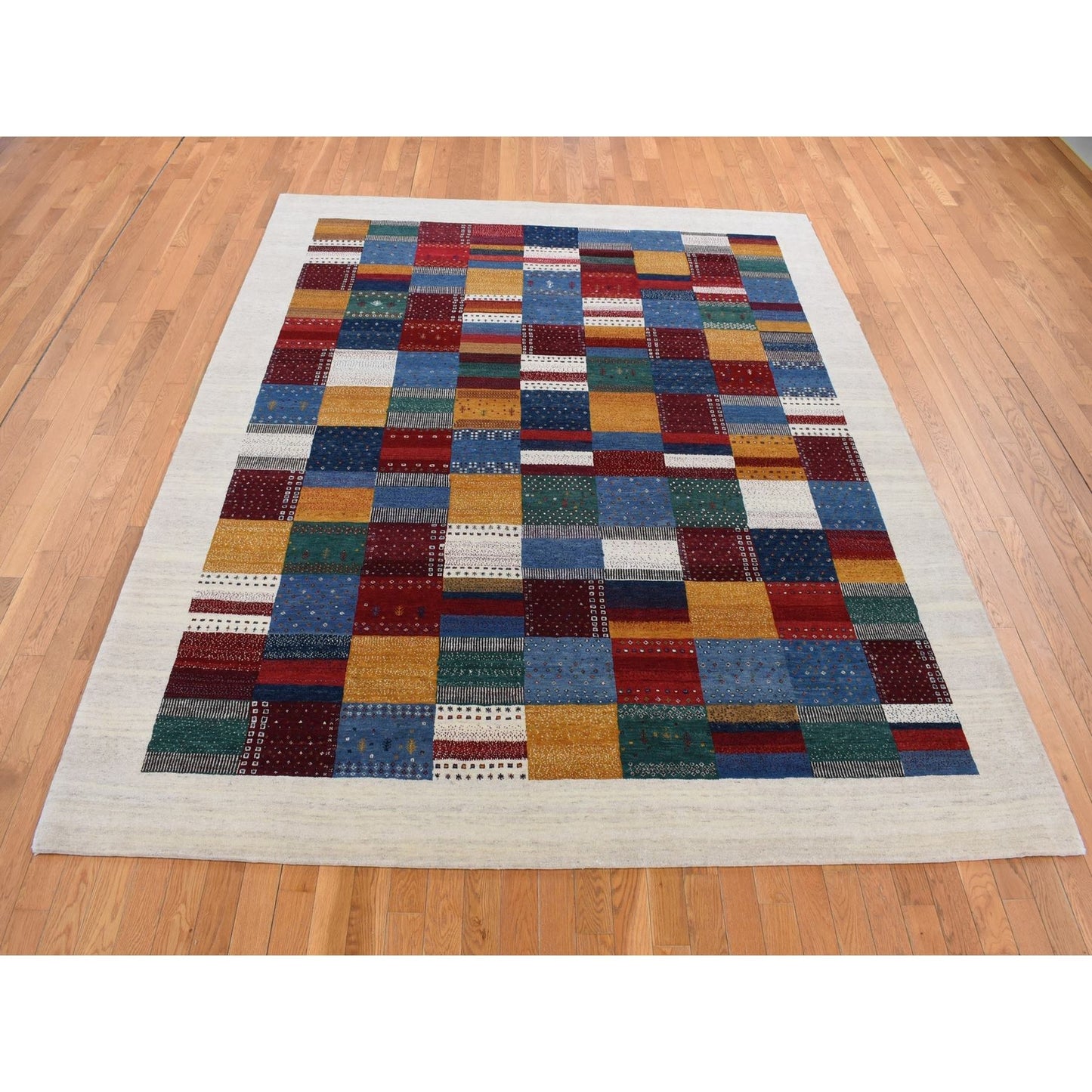 8'3"X9'9" Ivory Zoroastrian Wool Hand Made Gabbeh Patchwork Design Rug