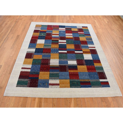 8'3"X9'9" Ivory Zoroastrian Wool Hand Made Gabbeh Patchwork Design Rug