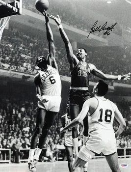 Bill Russell Autographed Blocking Chamberlain 16X20 Photo