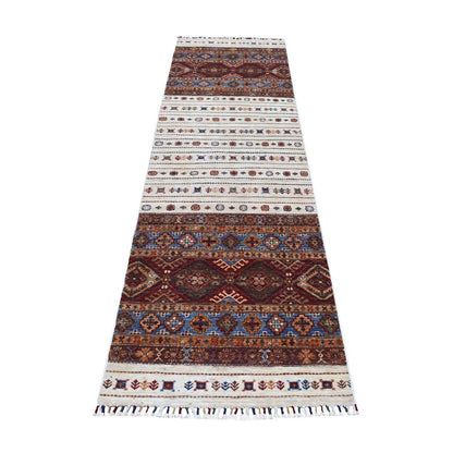2'7"X9' Ivory Khorjin Design Runner Super Kazak Handknotted Pure Wool Rug